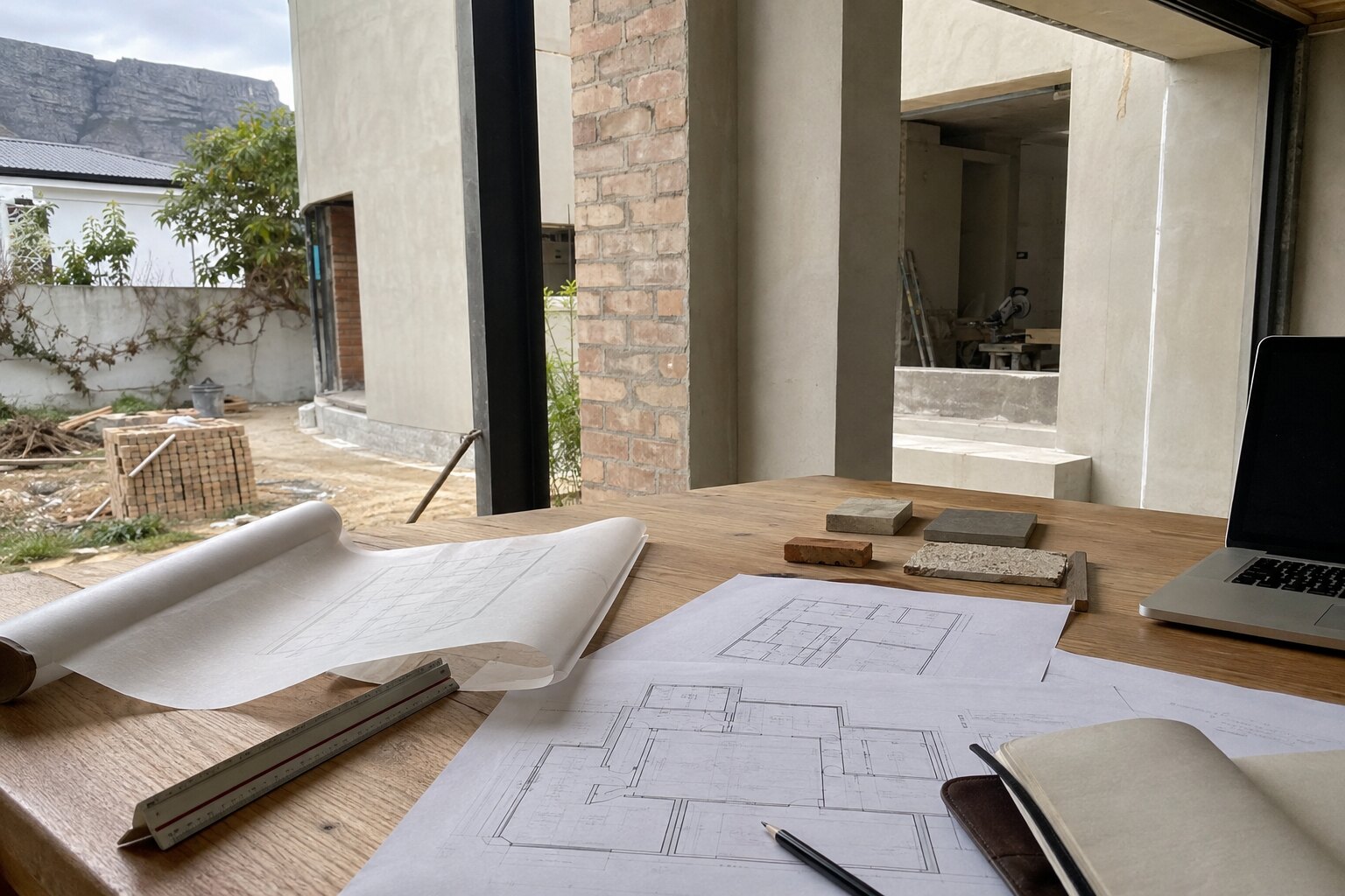 Architectural plans and material samples beside an active Cape Town renovation