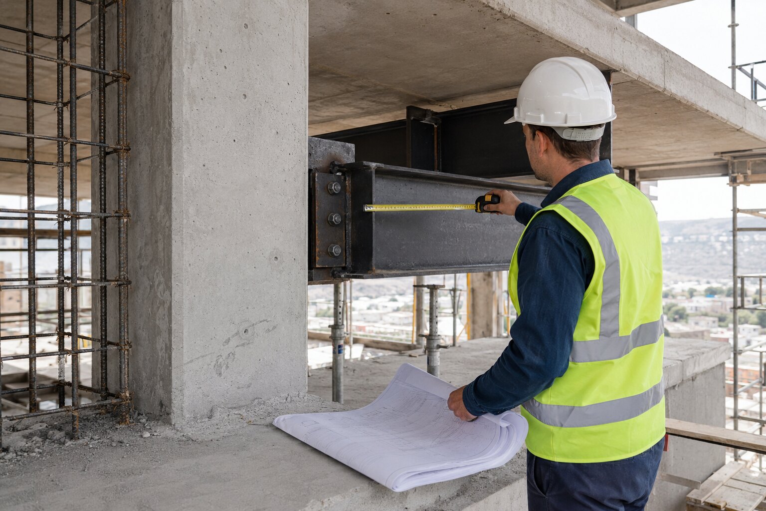 Structural engineer inspecting concrete and steel work on site